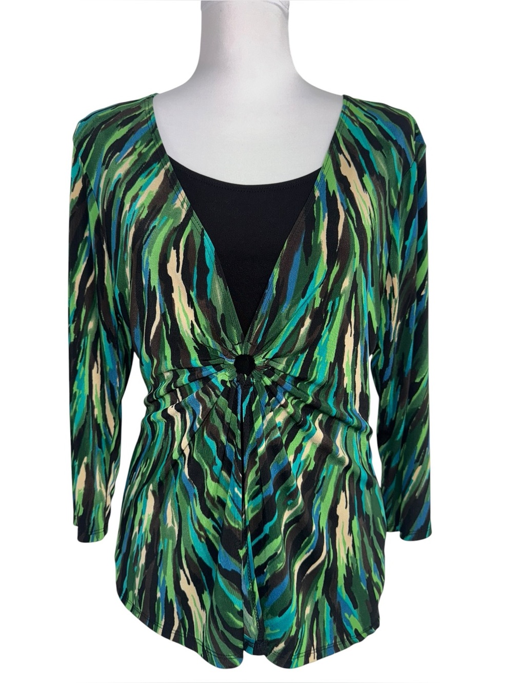 Choices Abstract Print Ring Detail‎ Faux Layered Stretch Top Women Medium